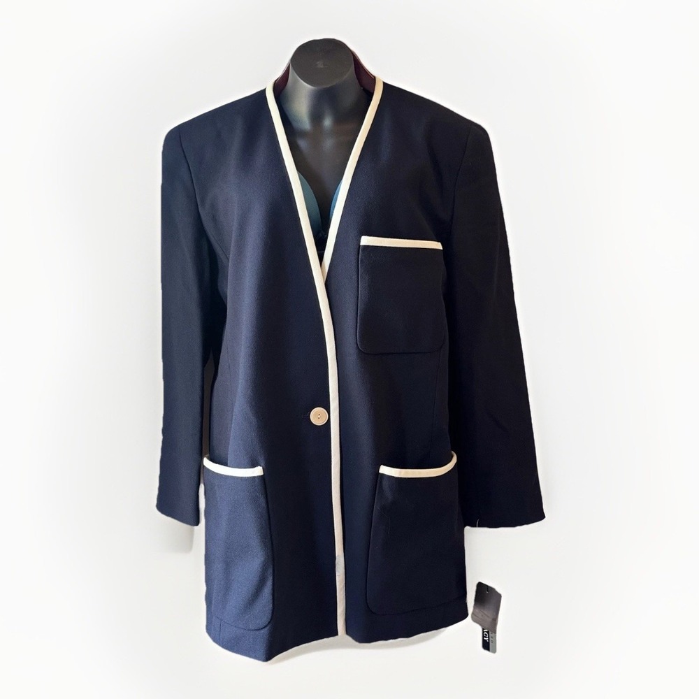 80s Ellen Tracy Blazer Sz 8 100% Wool Navy White Trim Lined Professional VTG NWT